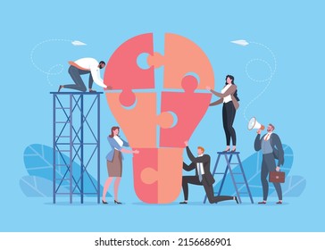 Teamwork, brainstorming ideas, project development, business cooperation or successful teamwork concept. Group of office workers or employees putting together a light bulb puzzles in blue scene.