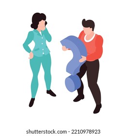 Teamwork brainstorming isometric concept with two people holding question mark 3d vector illustration