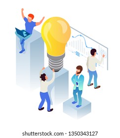 Teamwork brainstorming. Isometric flat 3d concept. Businessmen and developers working together. Illustration can be used in web banner, web page, prasentation