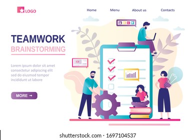 Teamwork, brainstorming landing page template. New project, office work. Job planner, various workers on workplace. Group of employees perform assigned tasks. Office day banner. Vector illustration