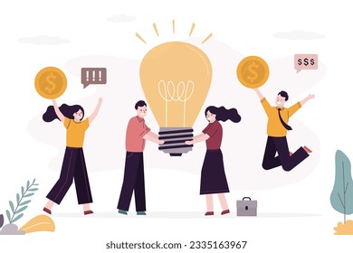 Teamwork in brainstorming leads to successful discovery of profitable idea. Idea pitching. Smart businessmen holding glowing light bulb. Group of employees with high salary. Agreement, deal concept.
