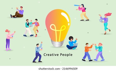 Lluvia de ideas en equipo. bombilla como metáfora de idea. Un grupo de personas caminando hacia una bombilla. lluvia de ideas, inspiración, concepto de negocios de ideas. Gente trabajando juntos en un nuevo proyecto. ilustración 