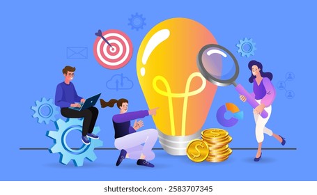Teamwork brainstorming. light bulb as an idea metaphor. A group of people walking to a light bulb. brainstorm, inspiration, idea business concept. People working together on new Project. illustration 