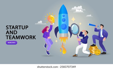 Teamwork brainstorming. light bulb as an idea metaphor. A group of people walking to a light bulb. brainstorm, inspiration, idea business concept. People working together on new Project. illustration 
