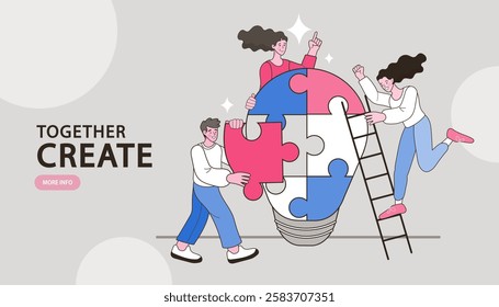 Teamwork brainstorming. light bulb as an idea metaphor. A group of people walking to a light bulb. brainstorm, inspiration, idea business concept. People working together on new Project. illustration 