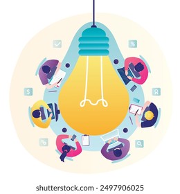 Teamwork, brainstorming, pitching ideas. Meeting in the office. People on the round table in shape of the bulb. Top view. Teambuilding concept. Bulb light idea with people. flat vector illustration