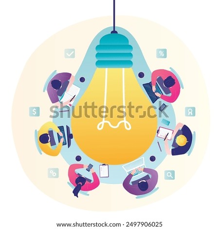 Teamwork, brainstorming, pitching ideas. Meeting in the office. People on the round table in shape of the bulb. Top view. Teambuilding concept. Bulb light idea with people. flat vector illustration
