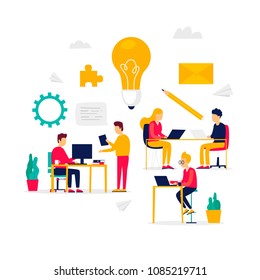 Teamwork, brainstorming, searching for ideas, office life, remote work. Flat illustration isolated on white background.