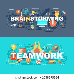 Teamwork and brainstorming set of flat concept. Banners with slogan for website and graphic design. Flat icons. Mobile and print media. Vector illustration.