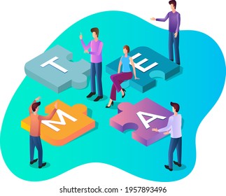 Teamwork and brainstorming.A team and a new startup.Leadership and commitment.The concept of joint search for new ideas.Isometric vector illustration.