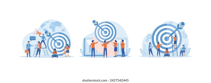 Teamwork to build organizational success, Business team customer target development for marketing, Internal marketing, company goals promotion, Business target set flat vector modern illustration 