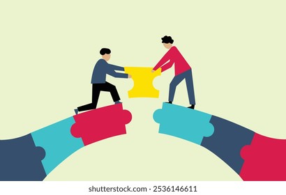 Teamwork building bridge together illustration