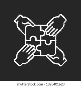 Teamwork building chalk white icon on black background. Teamwork skills development, togetherness. Team building exercise, collaborative problem solving. Isolated vector chalkboard illustration