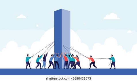 Trabalho em equipe construindo uma estrutura alta junto com cordas.