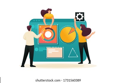 Teamwork, business analysis on a large tablet. Flat 2D character. Concept for web design.