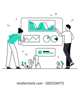 Teamwork, business analysis, work, startup, collaboration. Line vector illustration