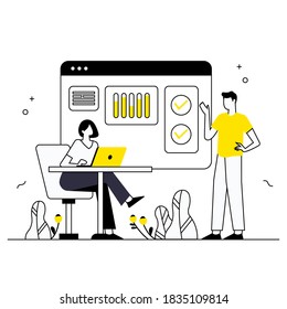 Trabajo en equipo, análisis de negocios, trabajo, inicio, colaboración, desarrollo de negocios, trabajo de negocios. Ilustración vectorial de línea