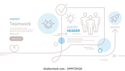 Teamwork business background concept. Horizontal Vector banner template with outline style icons and copy space.