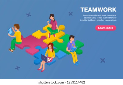 Teamwork business banner concept. Girls and boys work together, sit on the pieces of the puzzle.