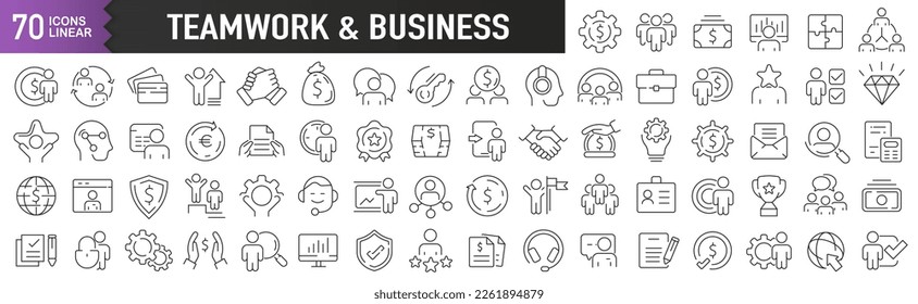 Iconos lineales negros de trabajo en equipo y negocios. Colección de 70 iconos en negro. Gran conjunto de iconos lineales