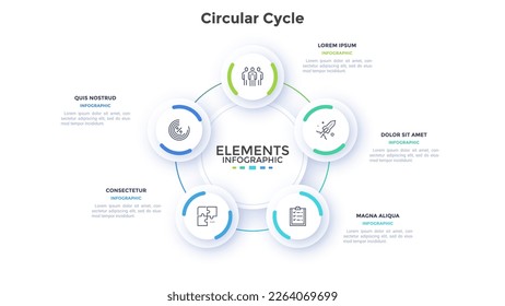 Teamwork and business boosting circular cycle infographic design template. Corporate success strategy building chart with 5 elements. Visual data presentation. Web pages and applications development