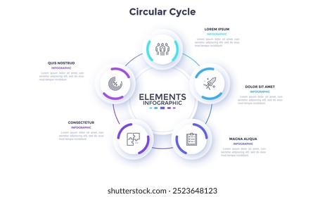 Trabalho em equipe e negócios impulsionando o modelo de design infográfico de ciclo circular. Estratégia de sucesso corporativo construindo gráfico com 5 elementos. Apresentação de dados visuais. Páginas da Web e desenvolvimento de aplicativos