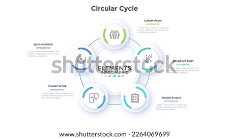 Teamwork and business boosting circular cycle infographic design template. Corporate success strategy building chart with 5 elements. Visual data presentation. Web pages and applications development 商業照片 © 