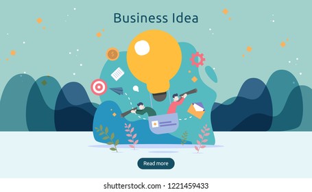 teamwork business brainstorming Idea concept with big yellow light bulb lamp, tiny people character. creative innovation solution. template for web landing page, banner, presentation, social media.