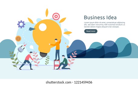 teamwork business brainstorming Idea concept with big yellow light bulb lamp, tiny people character. creative innovation solution. template for web landing page, banner, presentation, social media.