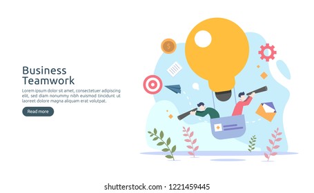 teamwork business brainstorming Idea concept with big yellow light bulb lamp, tiny people character. creative innovation solution. template for web landing page, banner, presentation, social media.