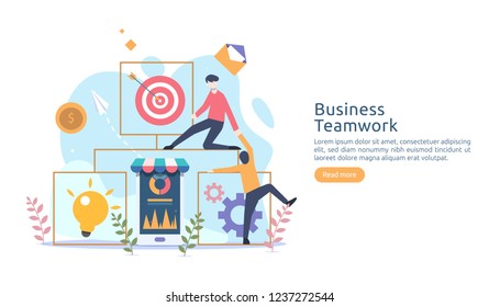 teamwork business brainstorming Idea concept with big yellow light bulb lamp, tiny people character. creative innovation solution. template for web landing page, banner, presentation, social media