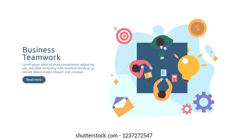 teamwork business brainstorming Idea concept with big yellow light bulb lamp, tiny people character. creative innovation solution. template for web landing page, banner, presentation, social media