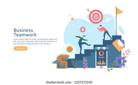 teamwork business brainstorming Idea concept with big yellow light bulb lamp, tiny people character. creative innovation solution. template for web landing page, banner, presentation, social media