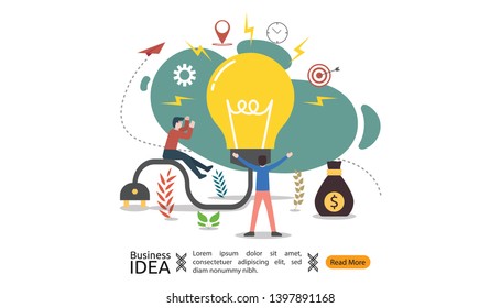 teamwork business brainstorming Idea concept with big yellow light bulb lamp, small people character. creative innovation solution. template for web landing page, banner, presentation, social media.