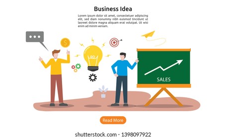 teamwork business brainstorming Idea concept with big yellow light bulb lamp, small people character. creative innovation solution. template for web landing page, banner, presentation, social media.