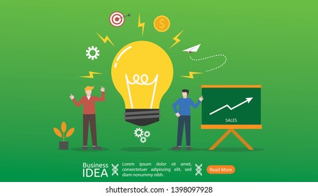 teamwork business brainstorming Idea concept with big yellow light bulb lamp, small people character. creative innovation solution. template for web landing page, banner, presentation, social media.