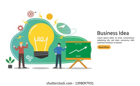 Teamwork Business Brainstorming Idea Konzept mit großer gelber Glühbirne Lampe, kleine Menschen Charakter. kreative Innovationslösung. Vorlage für Web-Landing-Seite, Banner, Präsentation, soziale Medien.