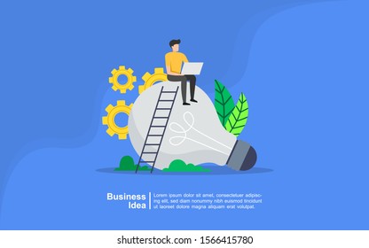 teamwork business brainstorming Idea concept with big yellow light bulb lamp, tiny people character. creative innovation solution. template for web landing page, banner 