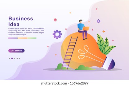 teamwork business brainstorming Idea concept with big yellow light bulb lamp, tiny people character. creative innovation solution. template for web landing page, banner, presentation, social media.