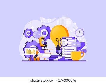 trabajo en equipo de negocios lluvia de ideas concepto con gran lámpara de luz amarilla, personaje de gente diminuta. solución de innovación creativa. plantilla para página de inicio web, banner, presentación, medios sociales