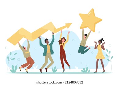 Teamwork and business challenge to achieve goal. Tiny people holding growing long arrow to target, success orientation of team flat vector illustration. Partnership, ambition, achievement concept