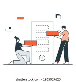 Teamwork business collaboration by building with mobile vector illustration
