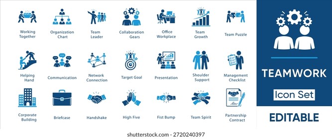 Conjunto de iconos de trabajo en equipo y colaboración empresarial. Vector Colección de la gestión Corporativa, el liderazgo, el éxito, la colaboración, la oficina y los símbolos de recursos humanos.