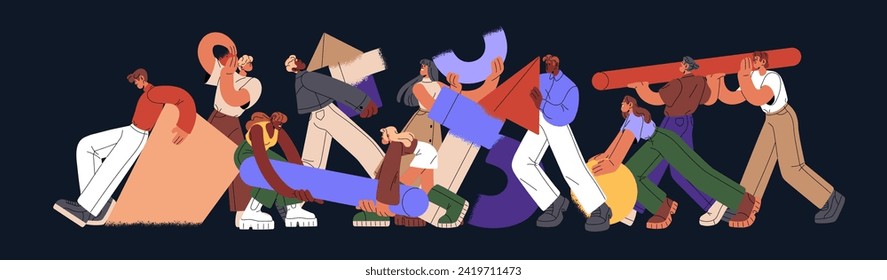 Teamwork, business collaboration, partnership concept. Employees team building in office. People work together. Colleagues create new project with geometric shapes. Flat isolated vector illustration