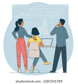 Colección de negocios de trabajo en equipo. Sistema de planificación de los recursos institucionales y proceso institucional. La gente lanza nuevas empresas. Ilustración de la vista trasera de vector plano.