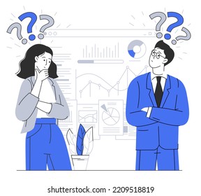 Teamwork business collection. Thinking managers, men and women. Puzzled and confused office workers with a question marks. Flat vector illustration.
