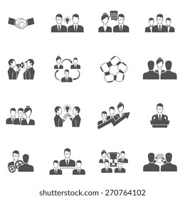Teamwork business communication management and collaboration icons black set isolated vector illustration