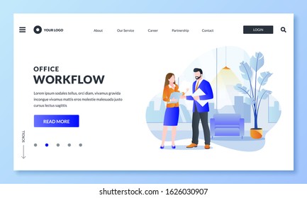 Teamwork, business communications and office workflow concept. Vector flat illustration of businesspeople characters. Colleagues man and woman look and discuss paper documents in modern office room