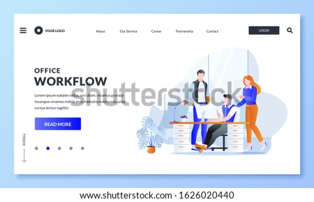 Teamwork, business communications and office workflow concept. Vector flat illustration of businesspeople characters. Colleagues discussing project at computer table.