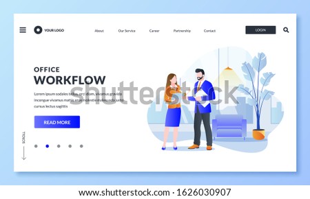 Teamwork, business communications and office workflow concept. Vector flat illustration of businesspeople characters. Colleagues man and woman look and discuss paper documents in modern office room